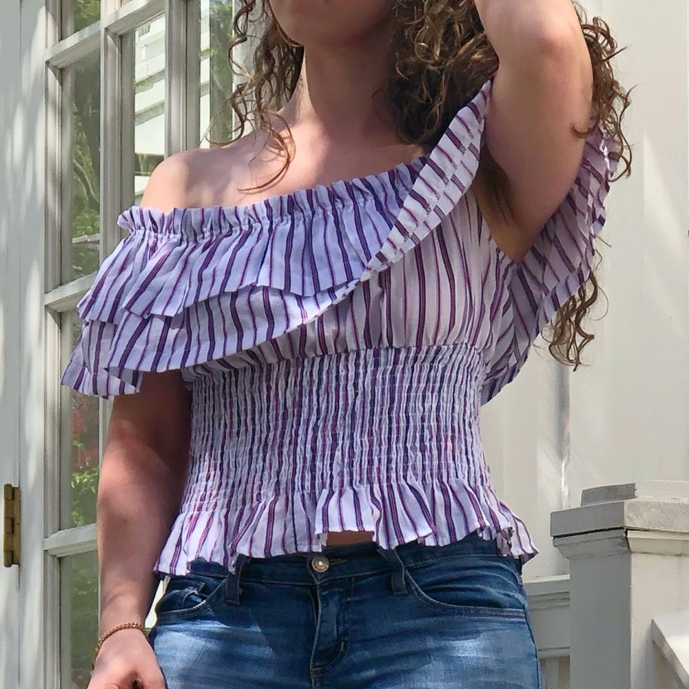 Red White and Blue Striped Off The Shoulder Ruched Ruffle Top